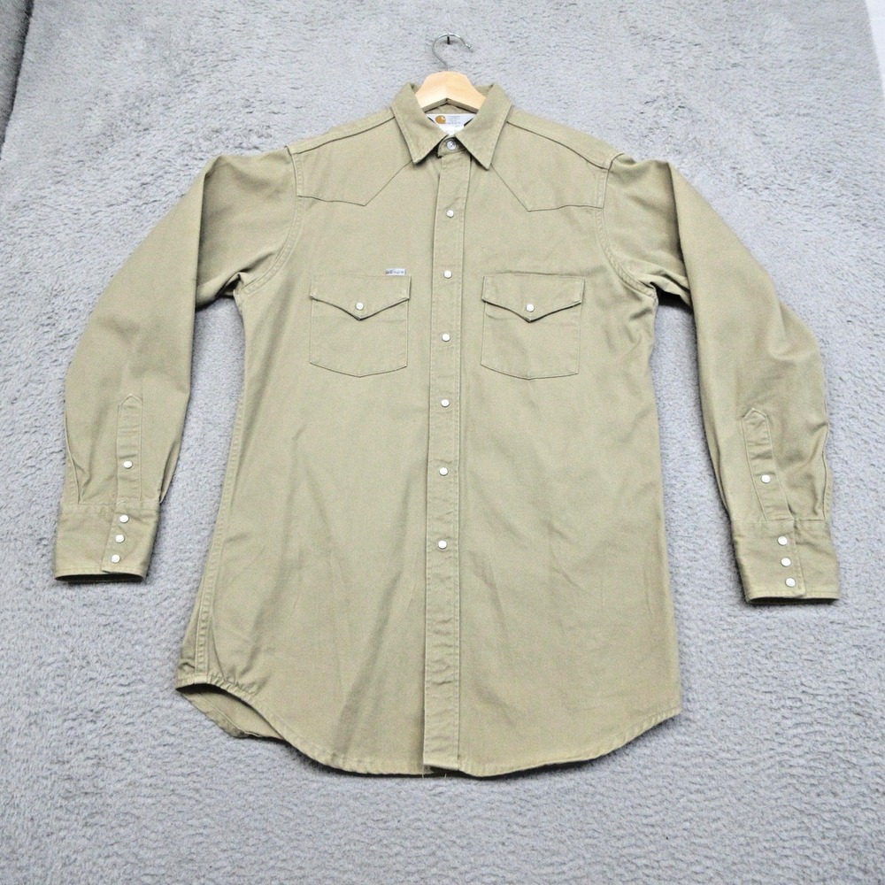 Vintage Carhartt Western Pearl Snap Shirt Men L Beige USA Made Workwear Gorpcore